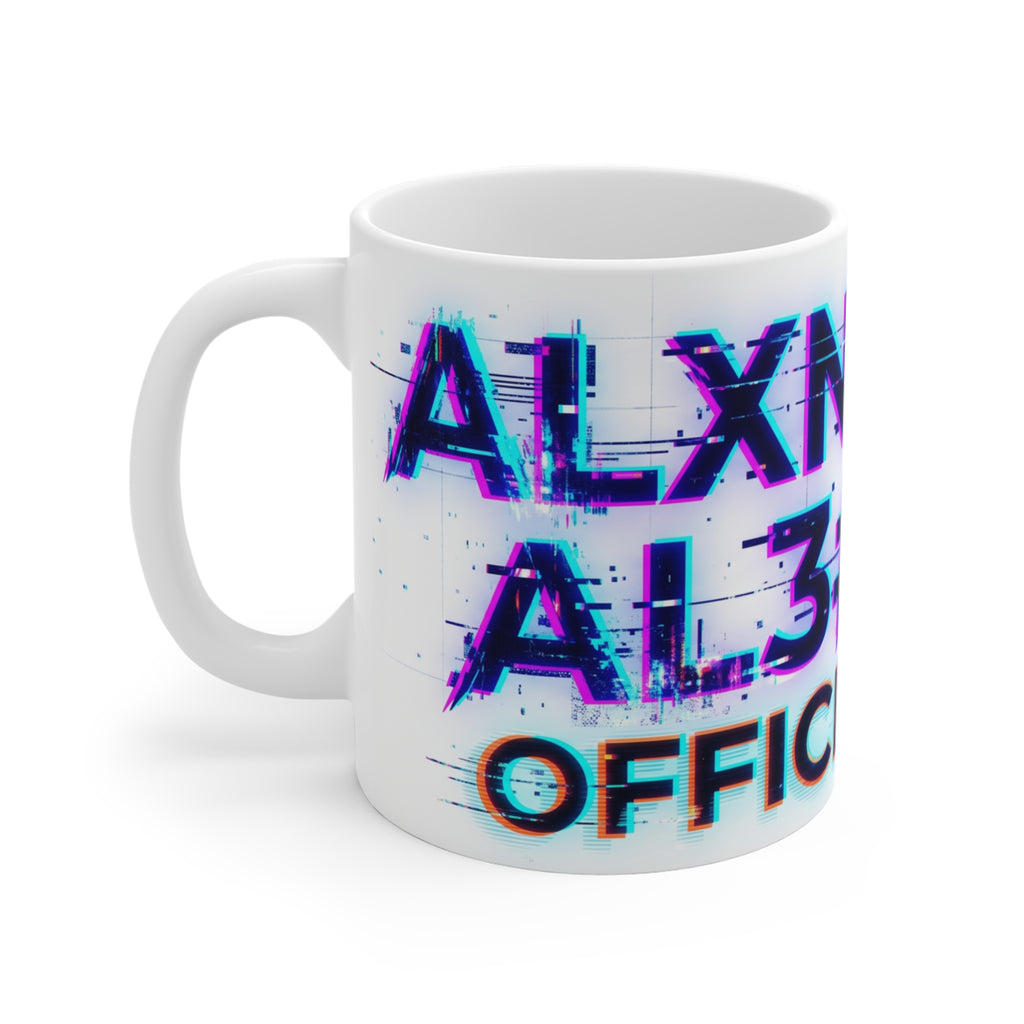 Glitch Text Coffee Mug — 'ALXNDRA AL3X #BURN' Official Merch 11oz